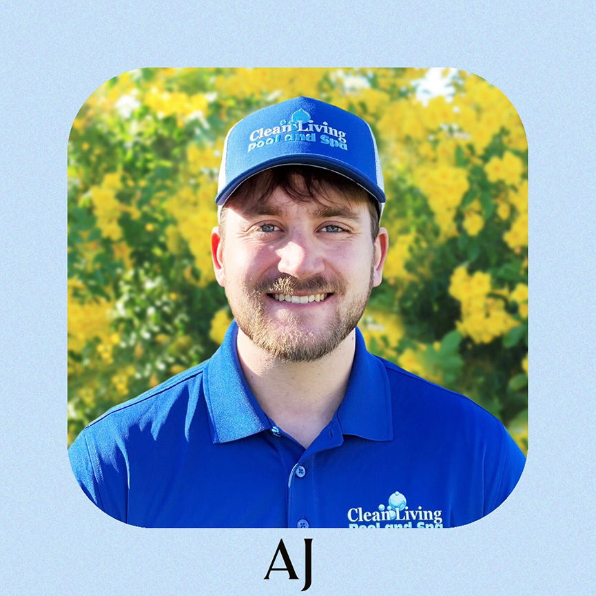 A person in a blue polo and a cap with "Clean Living Pool and Spa"