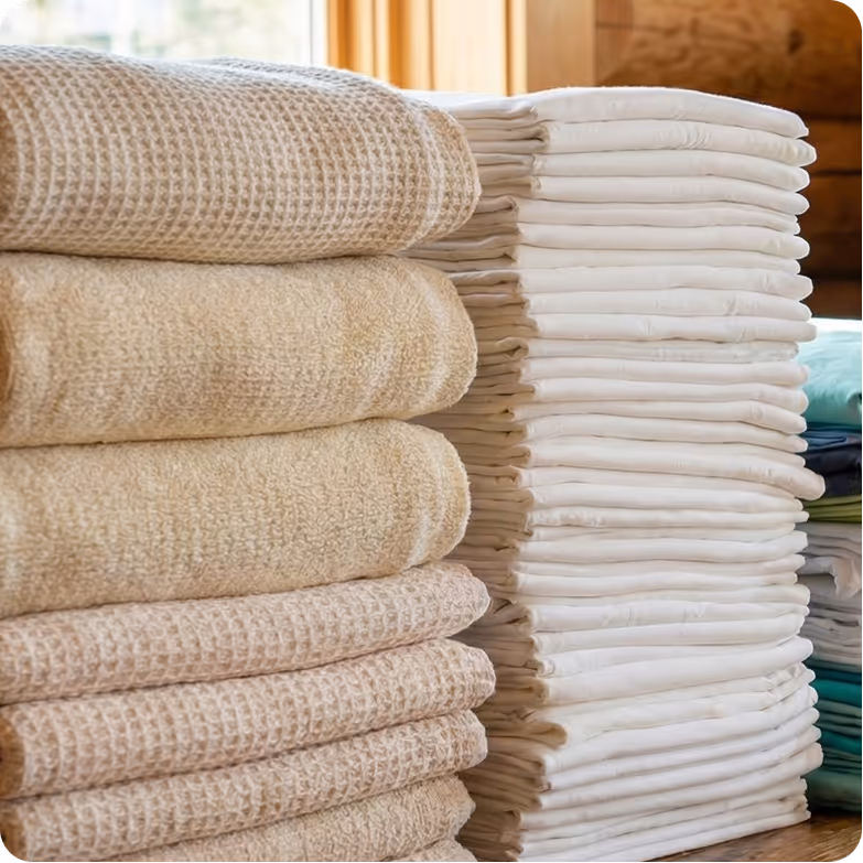 Neatly folded stacks of clean towels and linens.