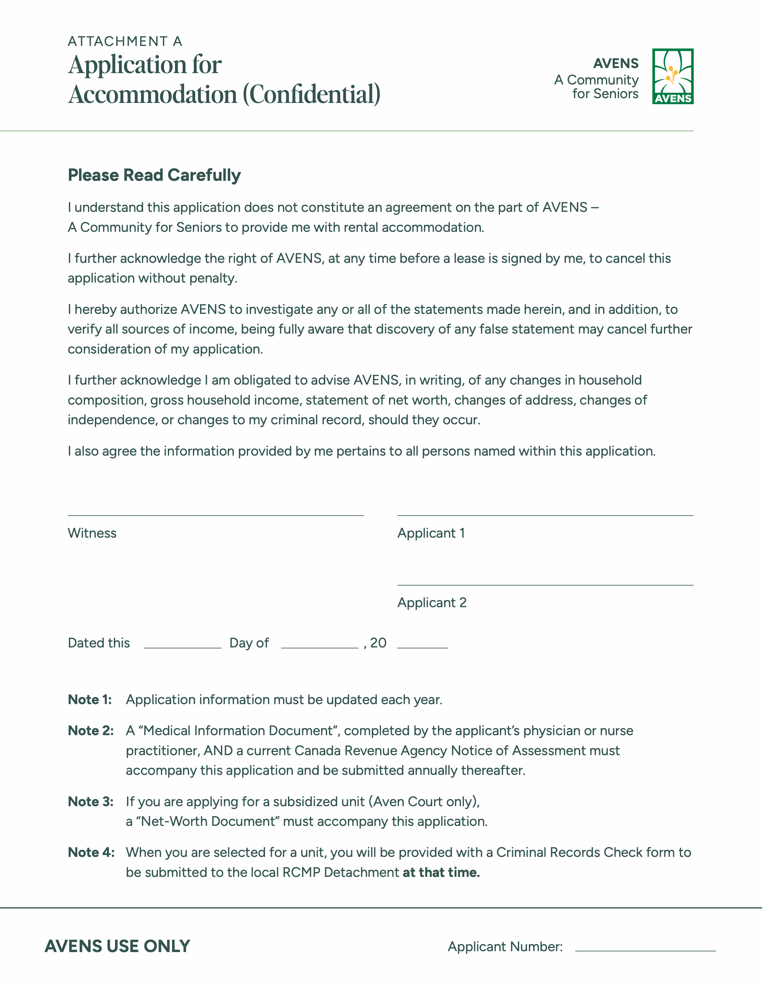 AVENS Application for Accommodation form
