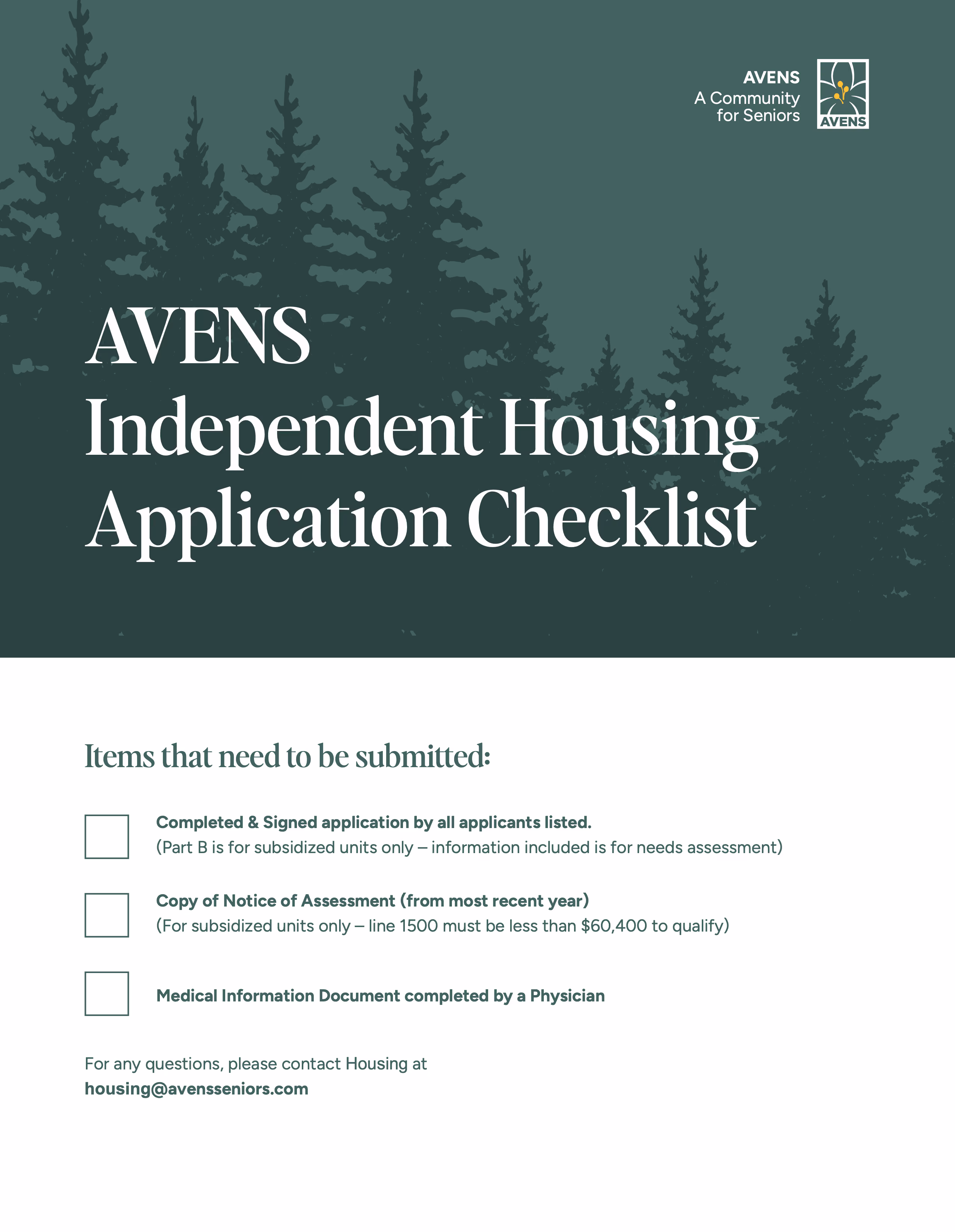 AVENS Independent Housing Application Checklist