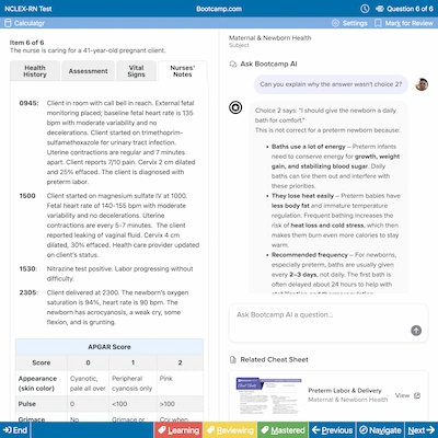 Screenshot of an NCLEX-RN test question about caring for a 41-year-old pregnant client with fetal monitoring details and answer explanations.