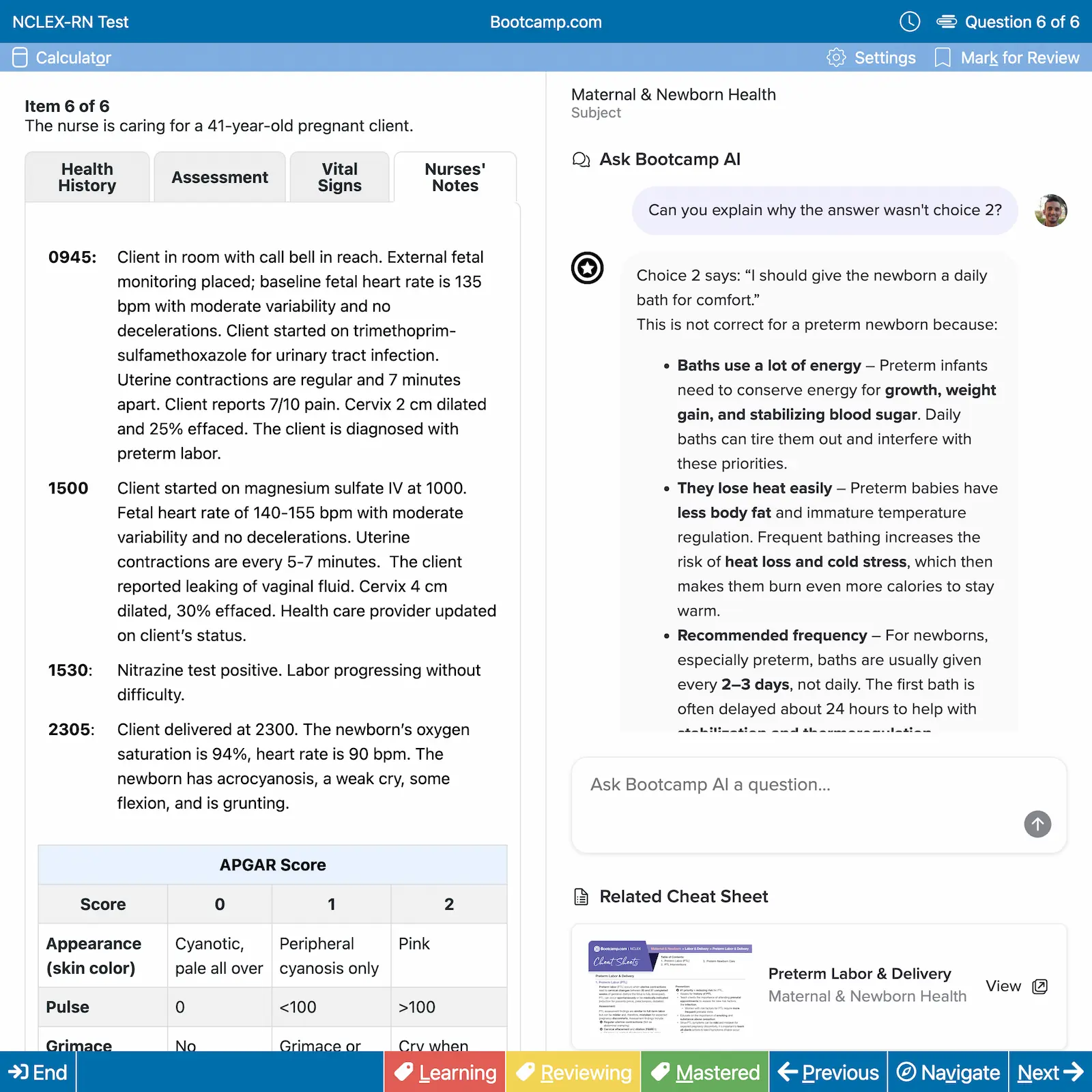 NCLEX-RN test interface showing question 6 of 6 about care for a 41-year-old pregnant client with detailed health notes, APGAR score table, and AI explanation about newborn bath frequency.