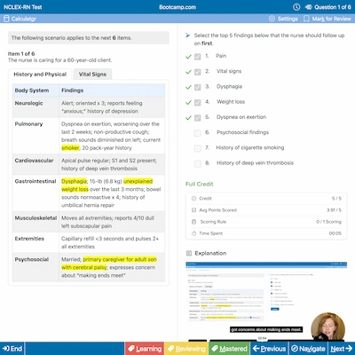 NCLEX-RN test screen showing a clinical scenario for a 60-year-old client with highlighted health history including smoking, dysphagia with unexplained weight loss, and caregiver concerns, with a checklist of nurse follow-up priorities.