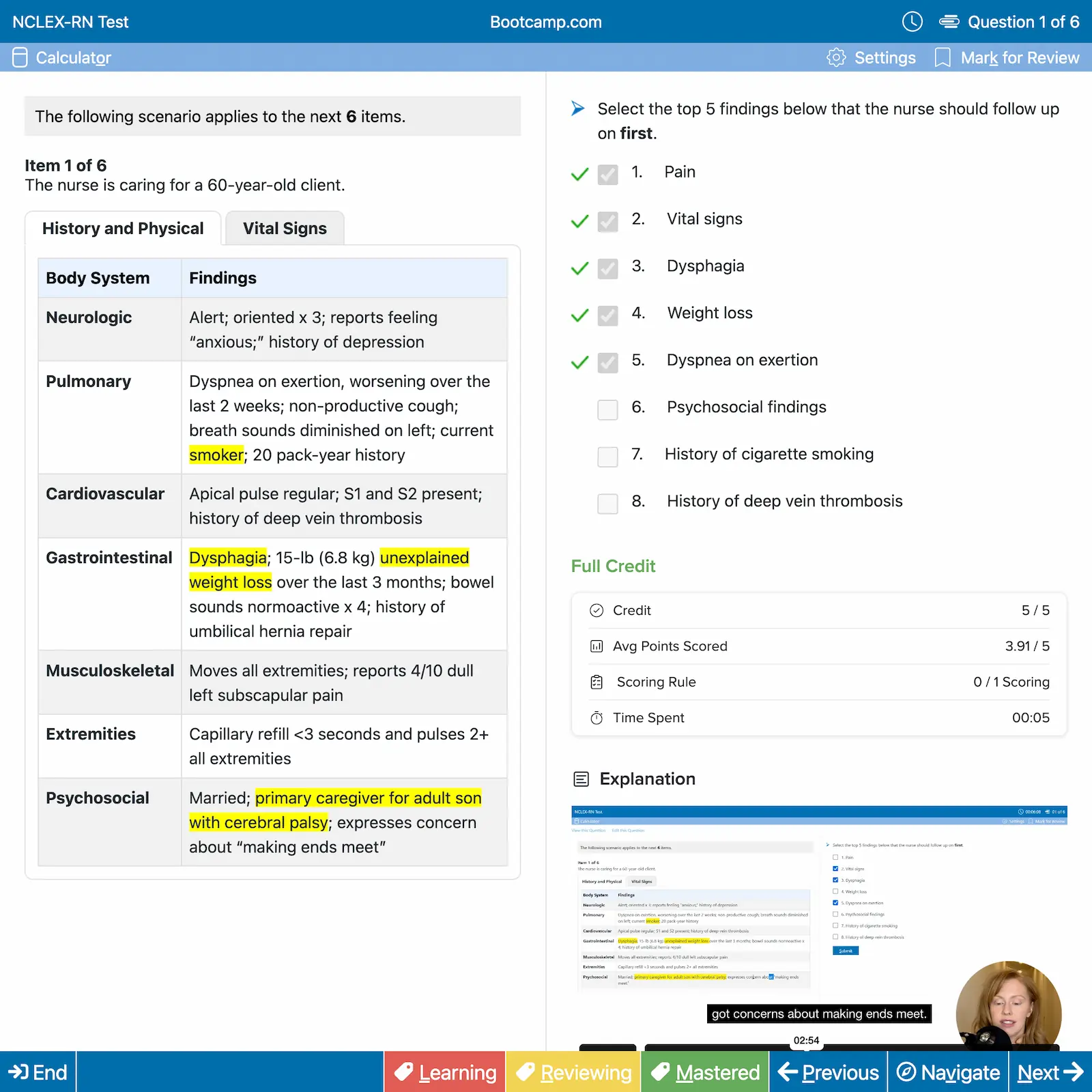 NCLEX-RN test question showing a case study of a 60-year-old client with highlighted findings including smoker, dysphagia, unexplained weight loss, and caregiver status, with a checklist of top 5 nurse follow-up priorities selected.