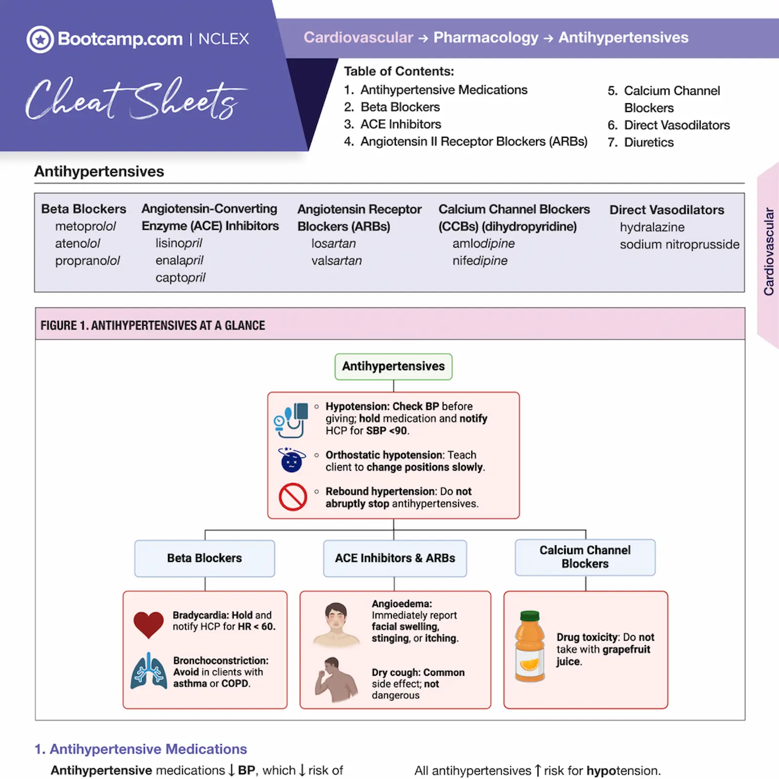 Cheat sheet on antihypertensives detailing drug classes, examples, and side effects including beta blockers, ACE inhibitors, ARBs, calcium channel blockers, and direct vasodilators.