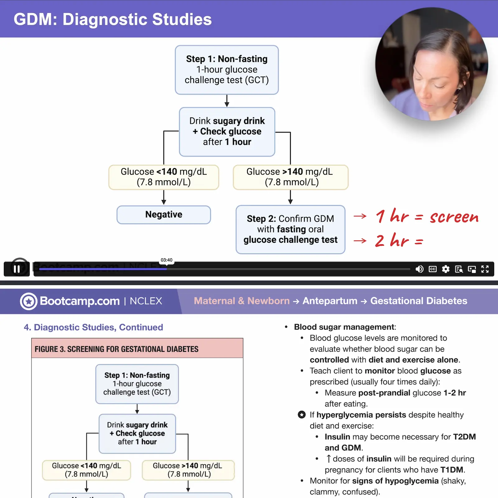 Flowchart for screening gestational diabetes showing step 1: non-fasting 1-hour glucose challenge test with sugary drink; glucose below 140 mg/dL is negative, above 140 mg/dL leads to step 2 fasting oral glucose challenge test; includes notes on blood sugar management and insulin use during pregnancy.