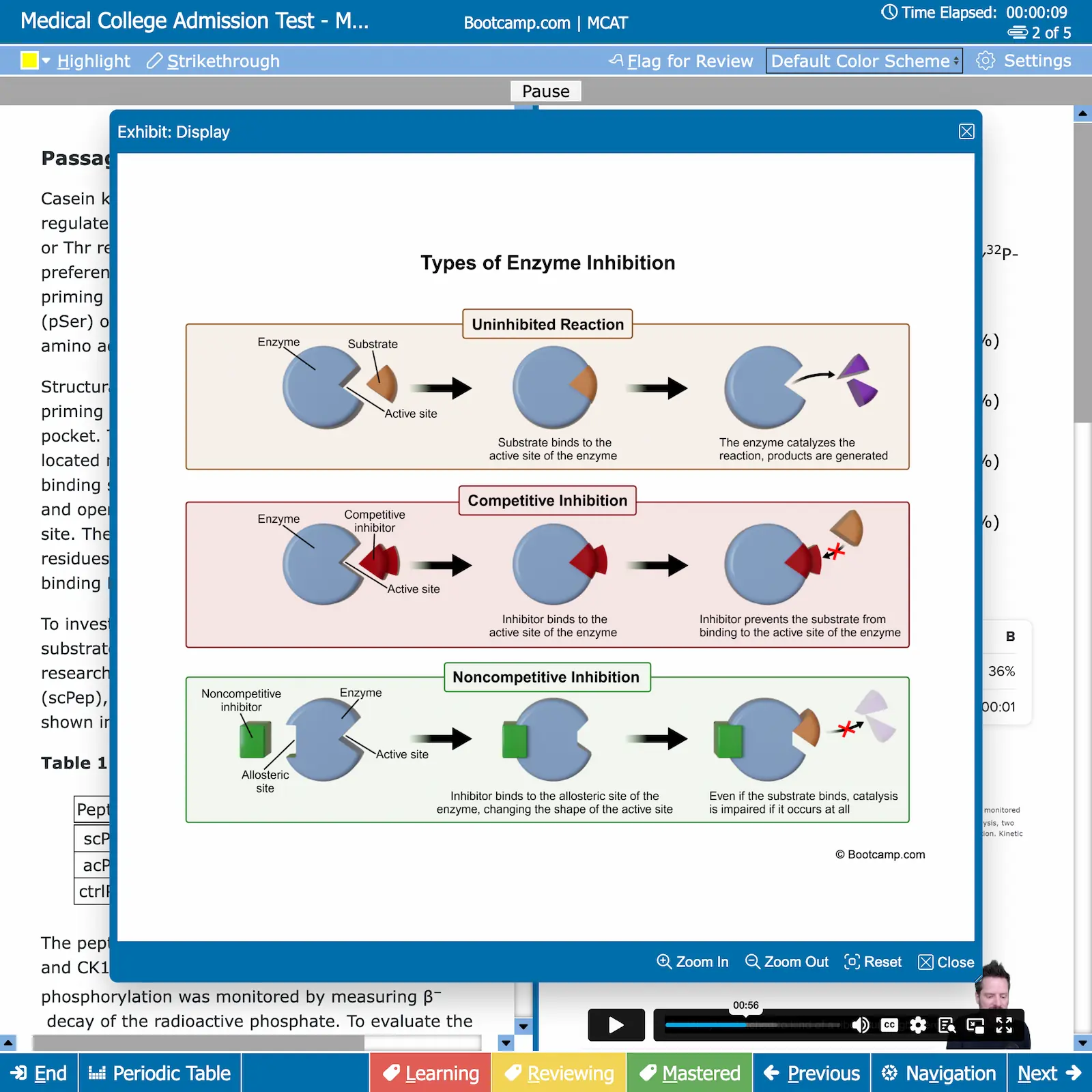 Diagram illustrating three types of enzyme inhibition: Uninhibited Reaction where substrate binds active site and products form; Competitive Inhibition where inhibitor blocks substrate binding; Noncompetitive Inhibition where inhibitor binds allosteric site changing enzyme shape, impairing catalysis.
