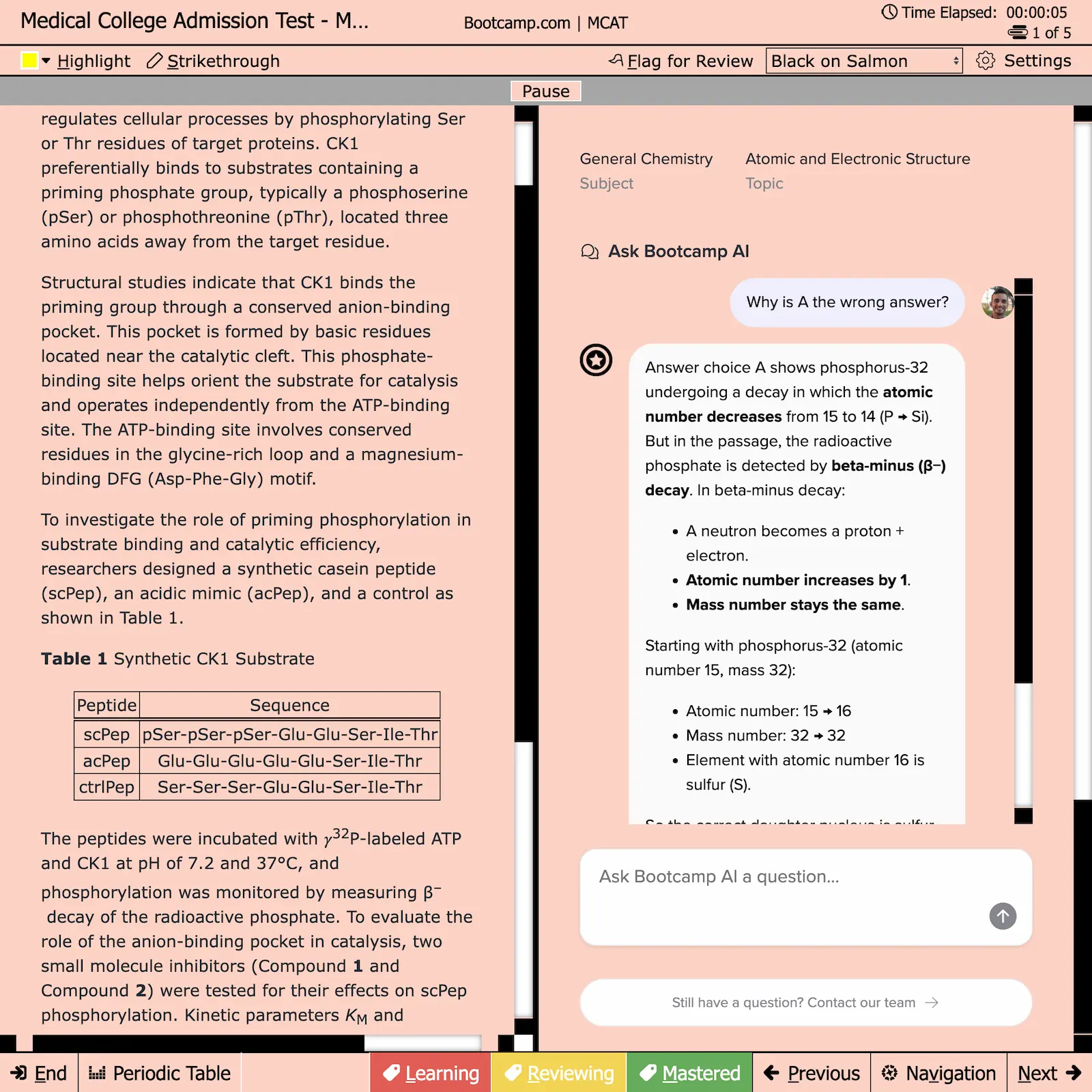 Screenshot of a Medical College Admission Test (MCAT) study interface showing a biochemistry passage about CK1 substrate phosphorylation, a table of synthetic peptides, and a chatbot answering why answer A is wrong for a question on phosphorus-32 decay.