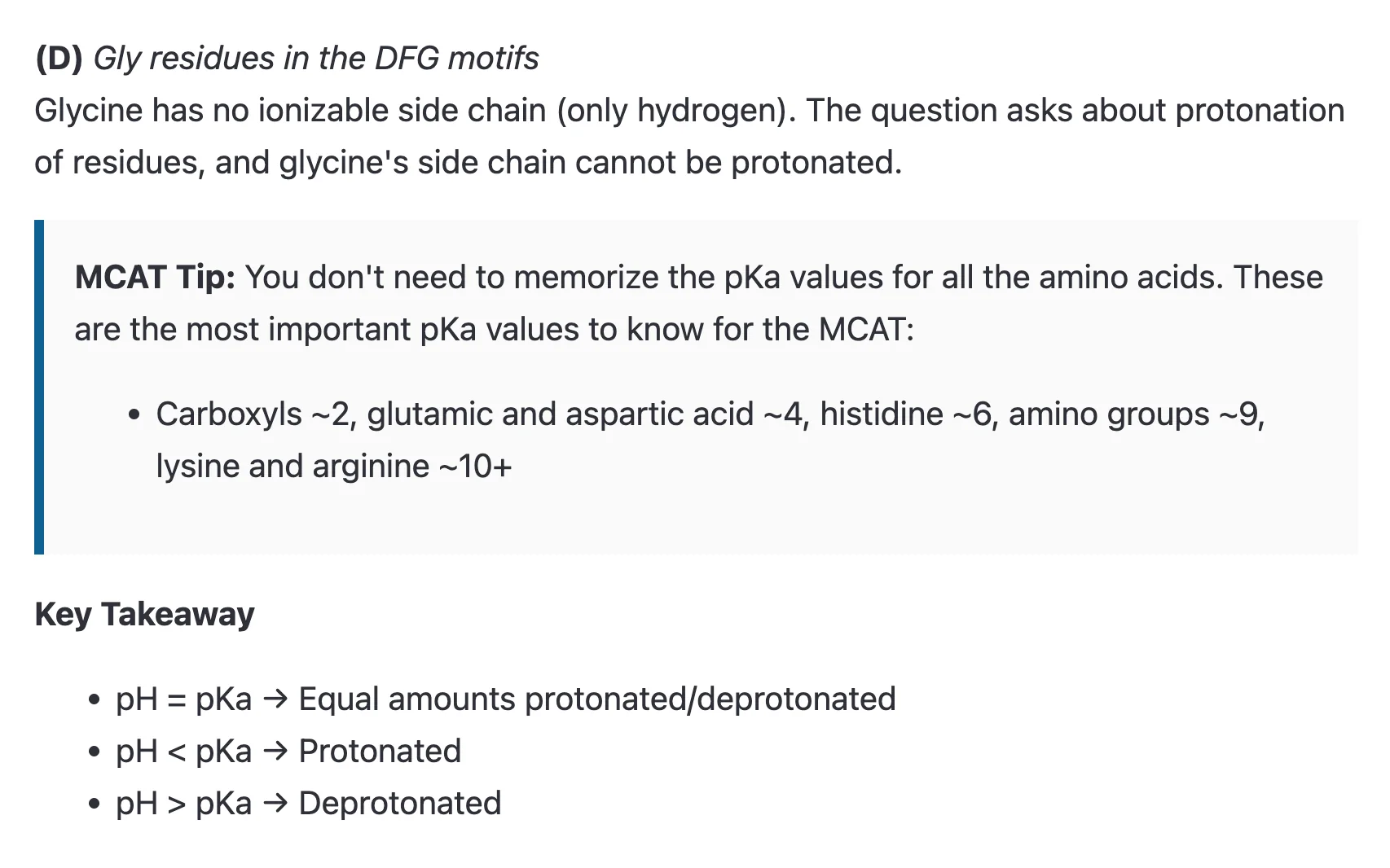 Text explaining glycine residues in DFG motifs: glycine has no ionizable side chain and cannot be protonated; MCAT tip lists key pKa values for amino acids; key takeaway explains pH and pKa relationships with protonation states.
