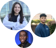 Collage of three portraits: a smiling young woman with long dark hair in a white shirt, a young man with short curly hair wearing a navy jacket outdoors, and a smiling man in a suit with a blue background.