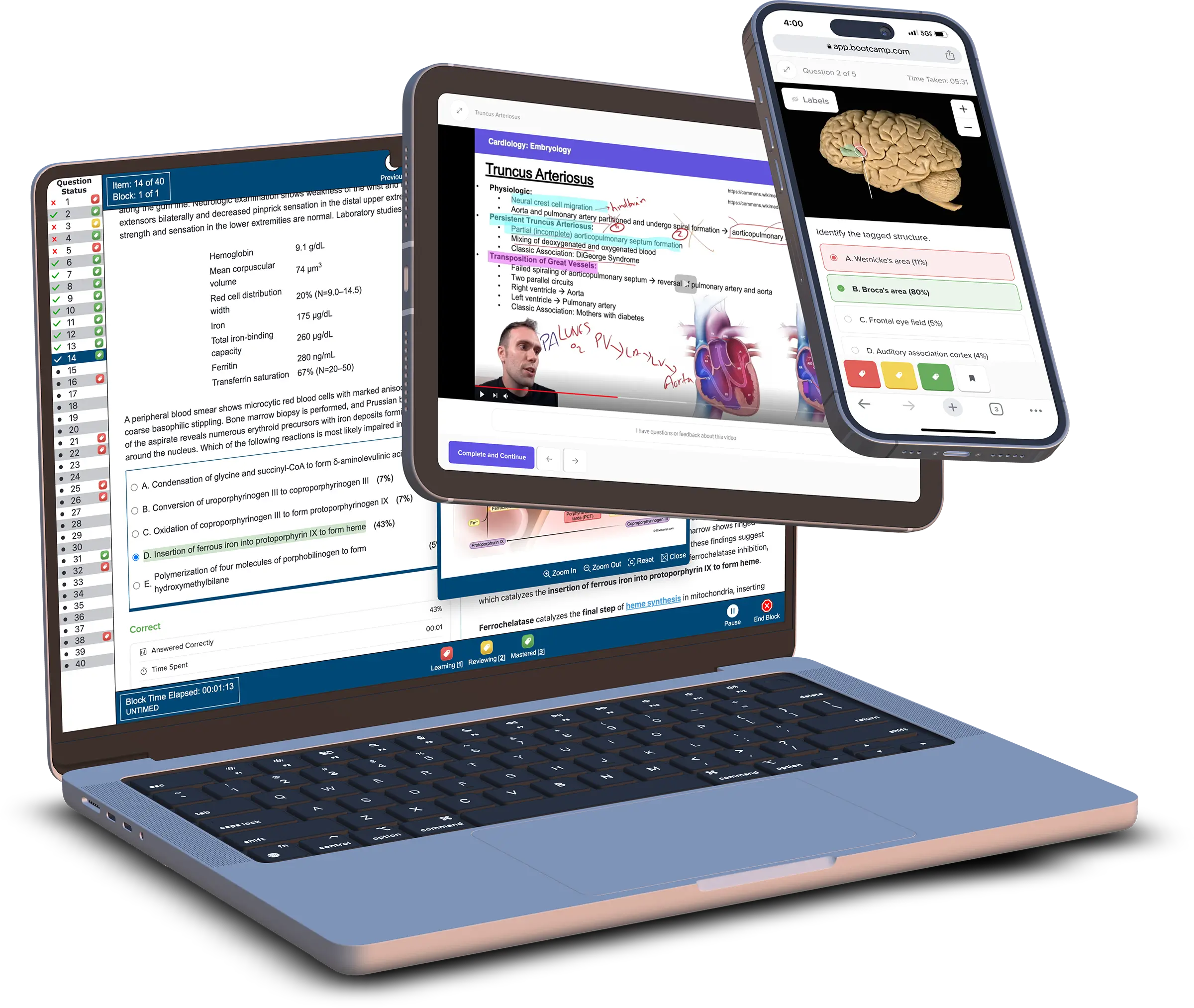 Laptop and smartphone displaying Med School Bootcamp interface.