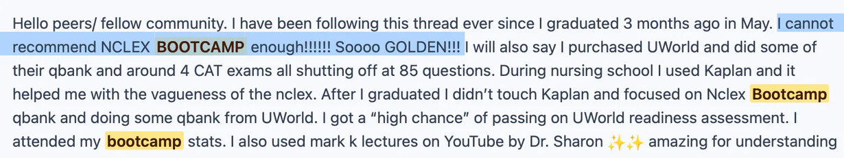 Text excerpt from a user testimonial about NCLEX preparation, praising a bootcamp and study resources, with 'BOOTCAMP' highlighted in bold and multiple mentions of 'bootcamp' highlighted in yellow and blue.