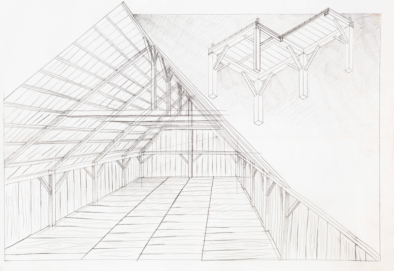 hand drawn architectural illustration of wooden attic, perspective view 
