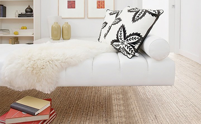Cork flooring in modern living room, providing warmth and comfort.