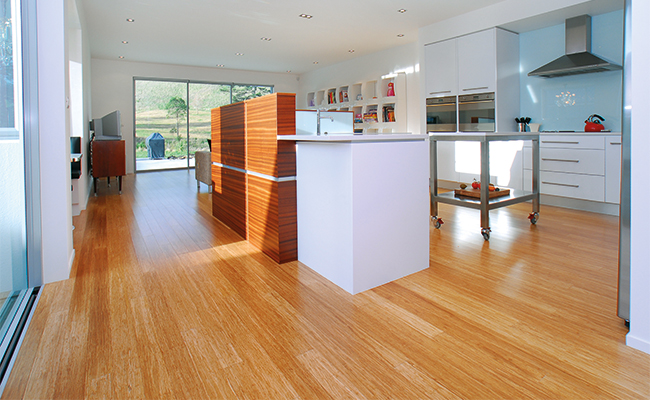 Natural, eco-friendly bamboo flooring in kitchen and dinning area.