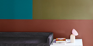 Feature living room wall painted in retromix colour combination from Dulux