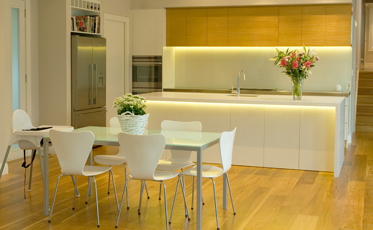 LED strip lighting underneath kitchen island bench and cabinets