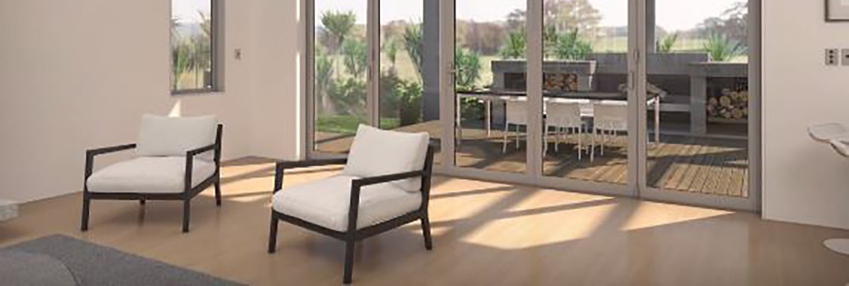 Fletcher Bifold Door connecting living room and outdoor patio.