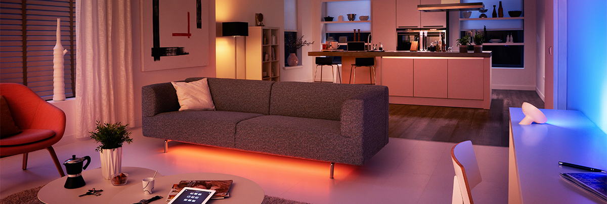 Philips Hue lighting in living room.