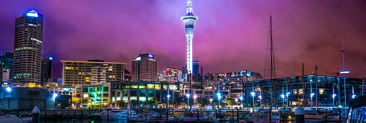 Auckland city skyline at night.