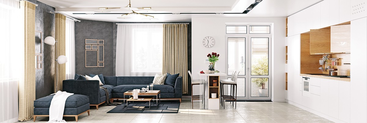 an apartment with tiles flooring and white wallpaper