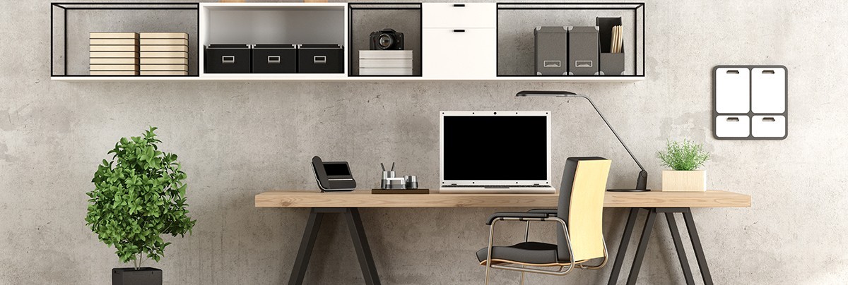 Stylish office with a black and white floating shelf
