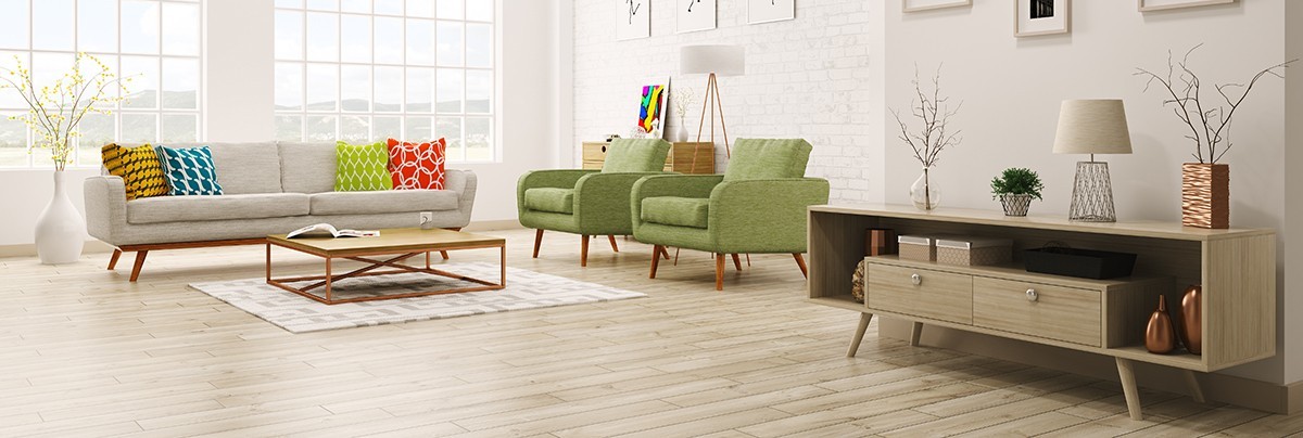 Wooden floor in modern living room with high ceilings