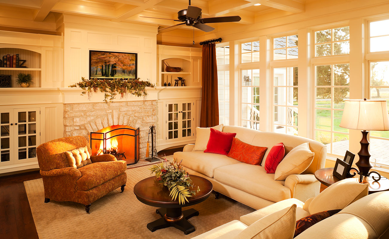 A warm living room with fireplace