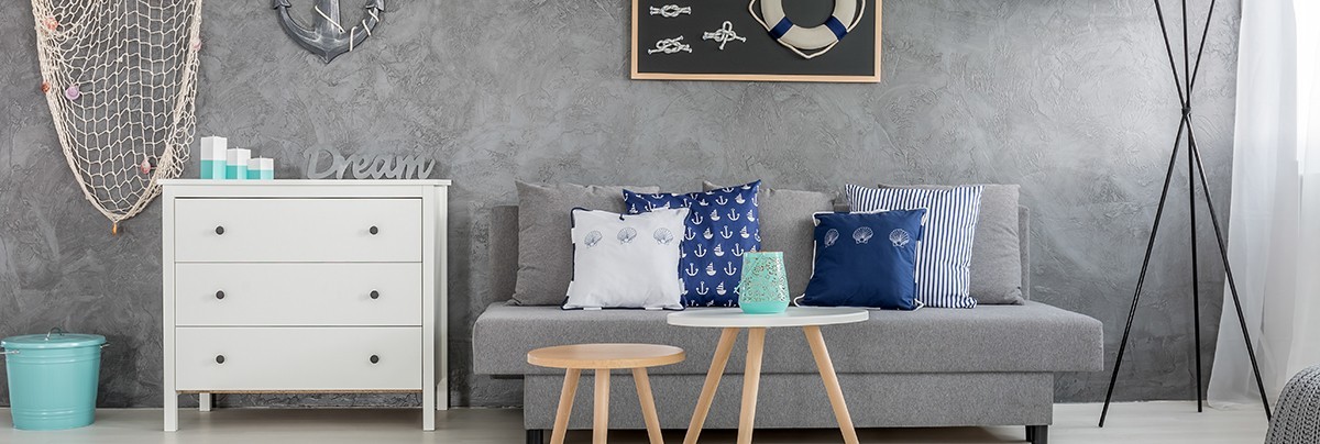 A living room with blue background and Venetian plaster wall