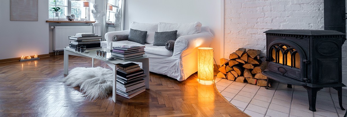 A living room with wood -burning fire