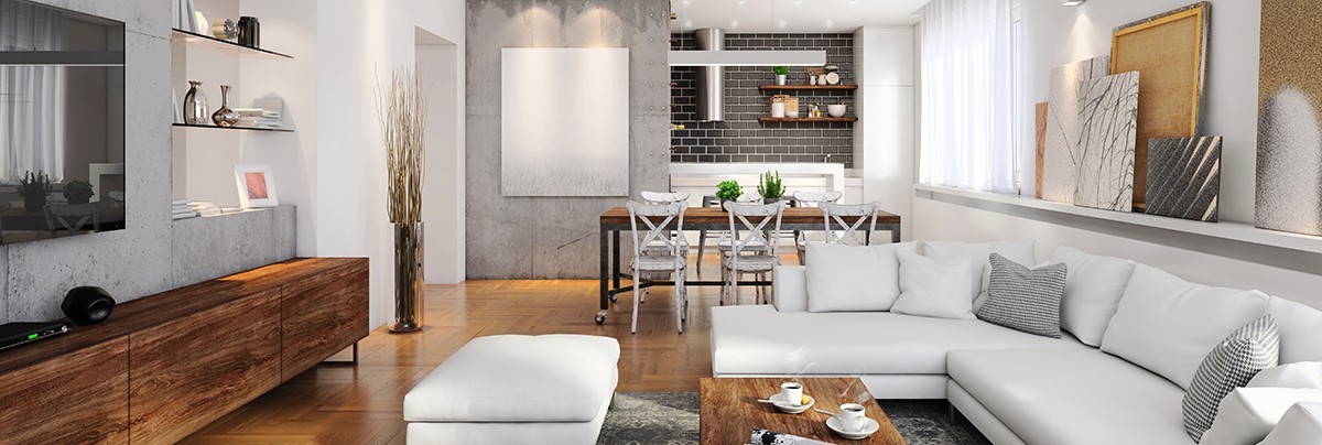A renovate living room with timber floor and white sofa
