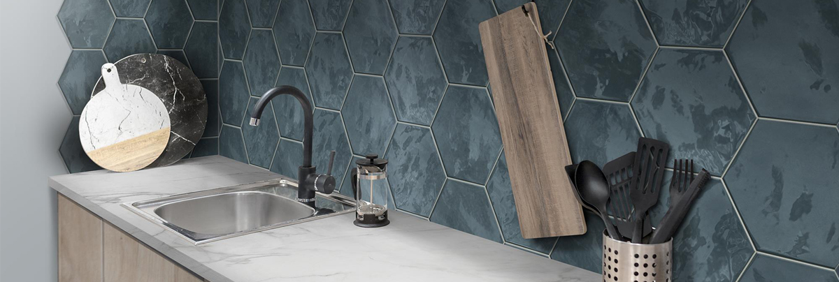 HEXA tiles in blue kitchen splashback