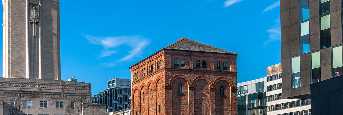 Panoramic image of listed red brick building in london