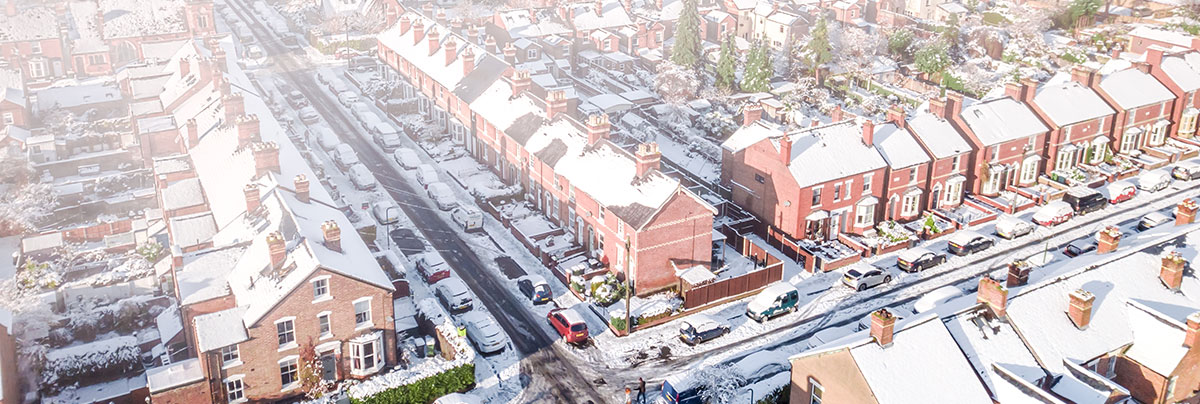 UK snow street drone shot