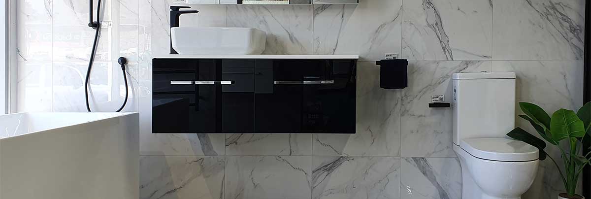 Tiled bathroom with vanity