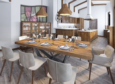 A wooden kitchen with focal lighting