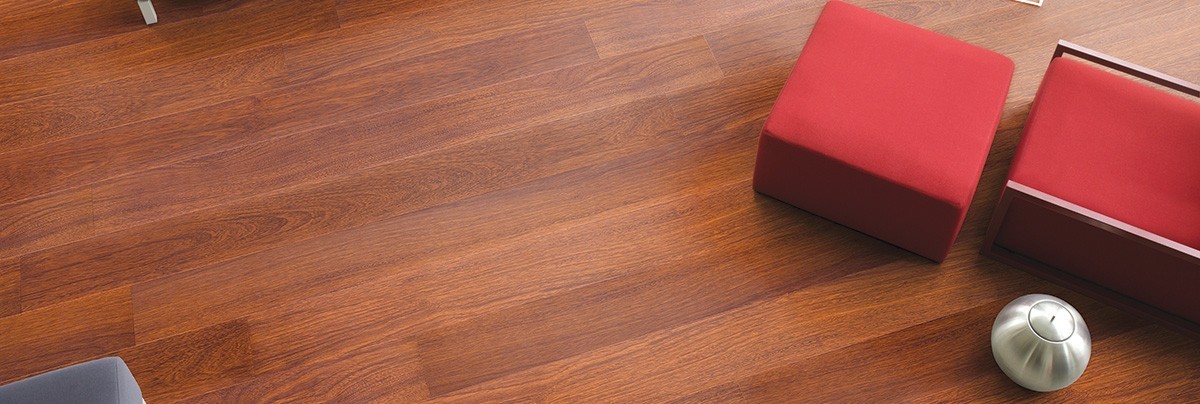 Wooden floor with red and grey sofa