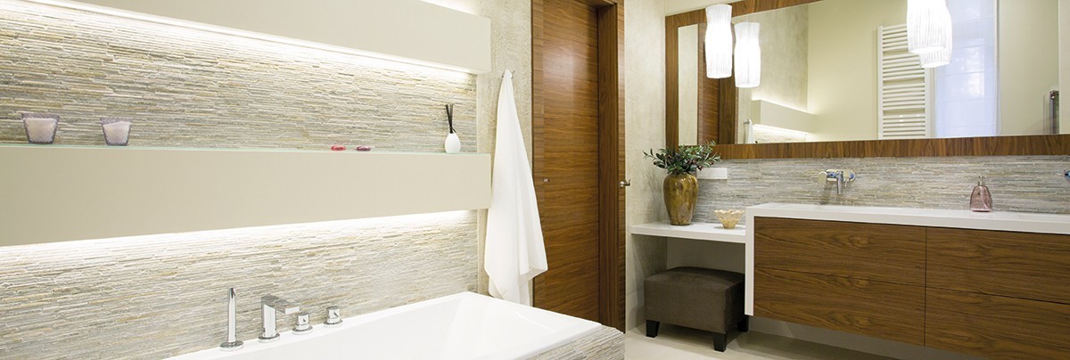 LED strip lighting underneath bathroom shelving