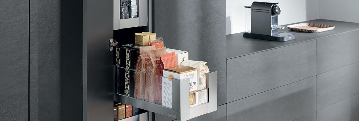 Kitchen space tower pantry by Blum gives direct access and visualization of all it's contents