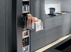Kitchen space tower pantry by Blum gives direct access and visualization of all it's contents