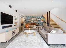 A renovate living room with cream rug
