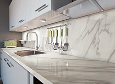 Marble kitchen splashback with appliances neatly organised