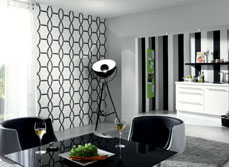Black and white 1960s inspired feature wall in dinning area