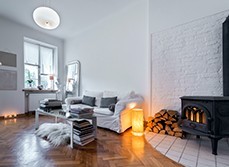 A living room with wood -burning fire