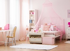 A pink decoration bedroom with shoes rack