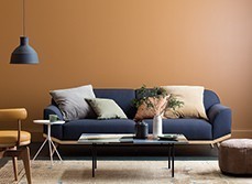 a living room with orange painting wall
