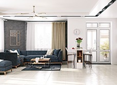 an apartment with tiles flooring and white wallpaper