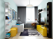 Teenagers bedroom decorated in blacks and yellows and darker tones