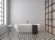Bathroom with patterned flooring.