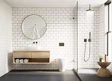 Small bathroom idea, dark floor light walls and metro tiles